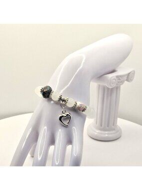 White Beaded Heart Bracelet, Floral Charm Bracelet, Romantic Stretch Bracelet,